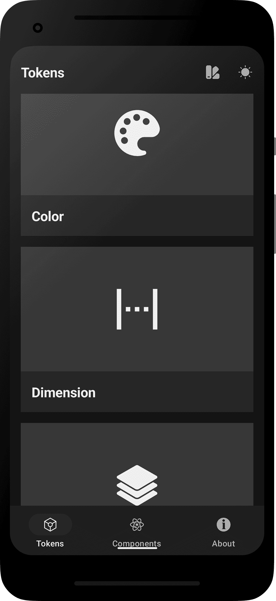 Android app - Tokens dark section showcase